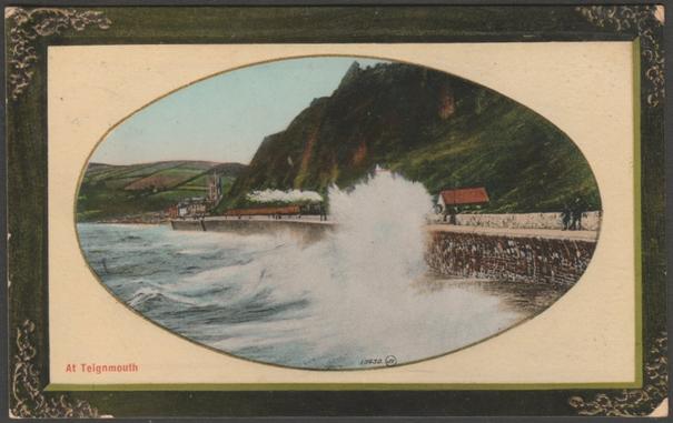 Printed glazed embossed colour postcard with fancy border showing a view of rough seas on the front at Teignmouth in Devon.

Published by Valerntine & Sons Ltd, Dundee & London, Valentine's Series, No 13430, photo registered in 1890.

Postally used on 23 August 1913 with double circle Teignmouth cancellation on green halfpenny stamp and sent to Mrs Sibley, 8 St Day Road, Redruth, Cornwall.

Good condition, with some corner bumps or chips and tiny light crease to left centre top edge.