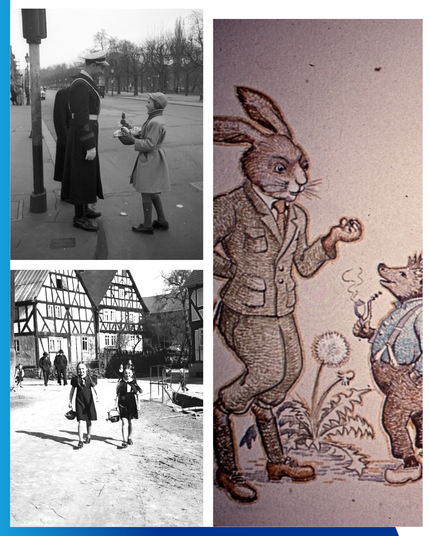 drei Bilder in einer Collage. Oben links ein Kind gibt einem Verkehrspolizisten einen Schokoladenosterhasen, darunter zwei Kinder laufen mit Osterkörben durch die Straße, rechts Kinderzeichnung Hase und Igel
