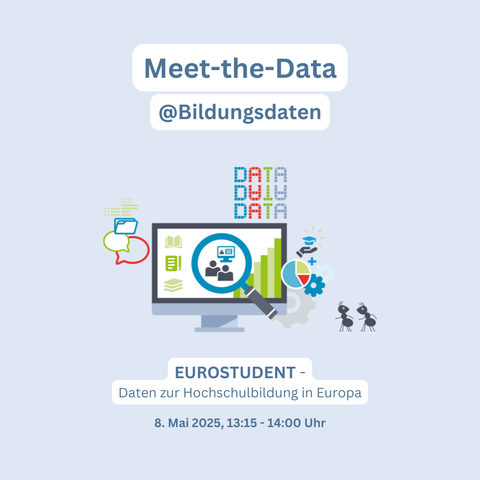 Meet-the-Data @Bildungsdaten zum Thema "EUROSTUDENT - Daten zur Hochschulbildung in Europa" 
am 8. Mai 2025, 13:15 - 14:00 Uhr