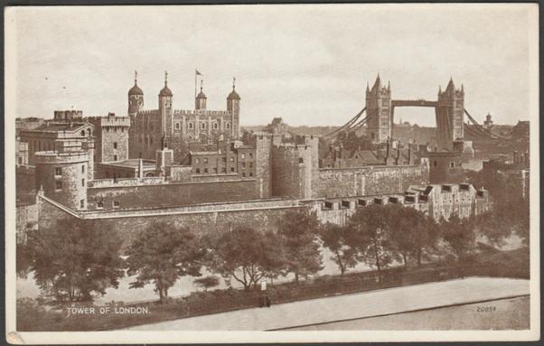 Printed sepia postcard showing a panoramic view of the Tower of London and Tower Bridge in London.

Published by Valentine & Sons Ltd, Dundee & London, Valentine's Photo Brown Series, No 20854, photo registered in 1894, stamp box dated 1939.

Postally unused, but dated London - October 1942.

Good condition, with slight corner bumps.