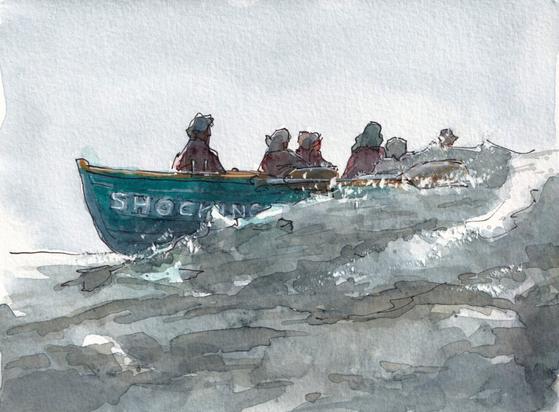 A line art and watercolor painting of rowing boat 'Shocking' on high sea. Grey sky and grey waves. Big waves. The rowers silhouetted against the sky.