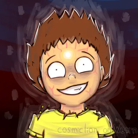 Digital colored and rendered illustration of Psychokinetic Morty from Pocket Mortys, drawn from the chest up. His forehead is glowing, his t-shirt is ripping, his hair is spiking up and veins can be seen through his skin. He is smiling maniacally. There is a wave of energy around him. The background is a gradient from greyish blue on top to dark purple on the bottom.