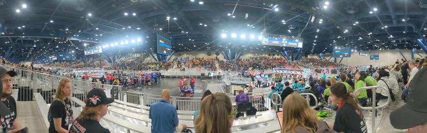 A panoramic view of the FRC championship venue with eight fields and bleachers full of spectators