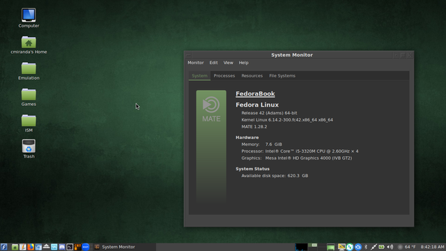 Screenshot of MATE Desktop on Fedora with a charcoal and greenish theme, showing MATE System Monitor showing brief system information for my Fedora installation, and proudly displaying that the version of Fedora is Fedora 42.