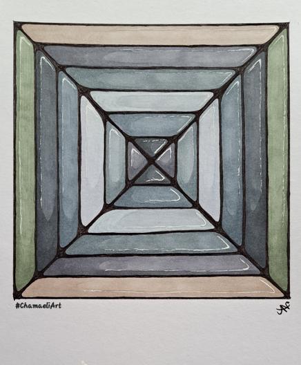 Im Skizzenbuch A5 mit schwarzem Fineliner, Alkcohol Marker und weißem Gelroller gemalt: Ein quadratisches Feld wurde mittig diagonal in 4 Teile unterteilt, die Felder dann jeweils in streifenförmige Segmente. Es sieht aus wie eine Pyramide in der Draufsicht. Die einzelnen Segmente sind abwechselnd mit unterschiedlichen Graustufen und -Varianten gefüllt und mit weißen Akzenten versehen.