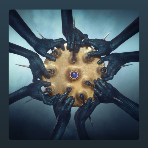 A celestial relic of gold, forged in the void, floats at the heart of the image—its surface pierced with arcane gemstones that pulse with cosmic power. Writhing from all directions, a dozen shadowed, clawed hands—skeletal and serpentine—reach out in a chaotic yet sacred formation, as if summoning or sealing the artifact’s ancient force. Each finger is tipped with obsidian talons, embodying both reverence and threat. Swallowed by a swirling storm of deep blues and spectral mist, the scene radiates an ominous majesty—mystical, violent, and transcendent. A fitting vision for Aspiral—where the divine collides with the monstrous.