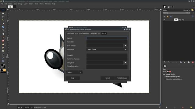 A screenshot of GIMP 3.0 Export As dialogue box showing support for DICOM image metadata.