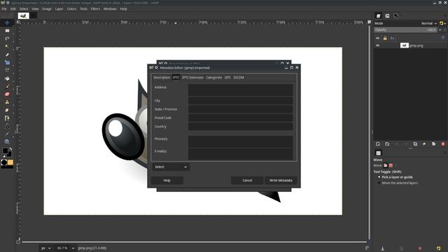 A screenshot of GIMP 3.0 Export As dialogue box showing support for IPTC image metadata.