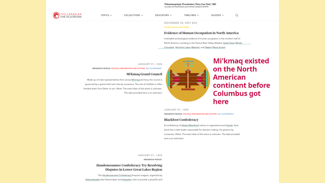Snapshot of the Canadian Encyclopedia that discusses the 0001 -  1490 years of the RCT calendar. A Mi'kmaq descendant has added a layer with jipji'ju'gisutnat and some additional text:  "Mi'kmaq exited on what is now the North American Continent before Columbus got here"