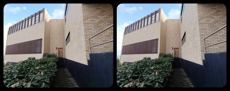 The back of a building. Yellow bricks, brown window. Modernist design. Some shrubbery in foreground.