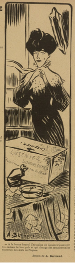 This image is a narrow sketch, black on yellowish paper. It shows a dark-haired woman, in an elegant black dress, standing in front of a table. On the table is a parcel, labelled as "Cusenier". Below this, it says, in French: "That's the spirit! A case of Cusenier liqueurs! A tasteful change from the usual Easter egg sweets."

This sketch was published in "Le Sourire" on the 25.02.1905, p. 11.