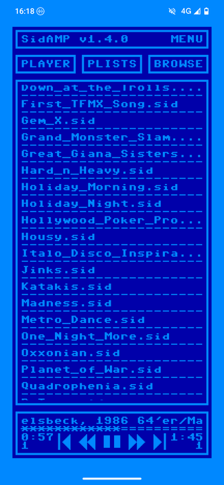 A screenshot of the app SidAMP, browsing through music by Chris Hüelsbeck