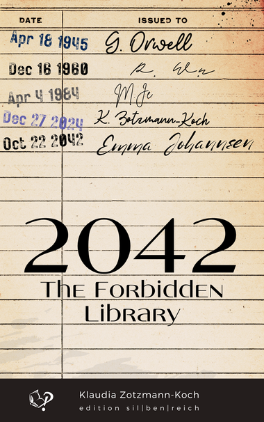Cover of "2042 – The Forbidden Library" in the style of a library book lending card