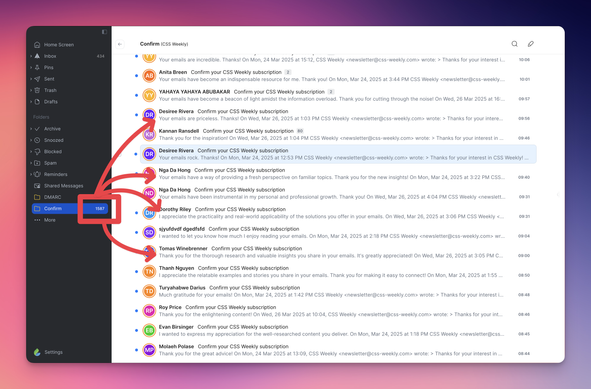 A screenshot of an email client with 1587 spam messages in a folder, with kind, thank you messages.