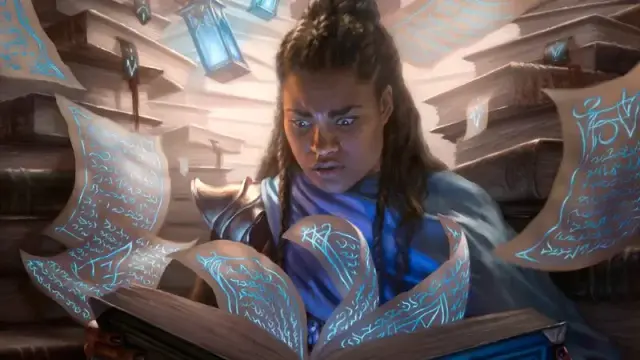 A young, female D&D sage studying a magical tome, with pages glowing with arcane energy flying everywhere.