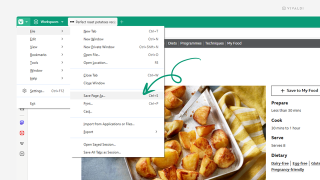 Vivaldi's main menu open over a web page with an arrow pointing at the "Save page as" option.