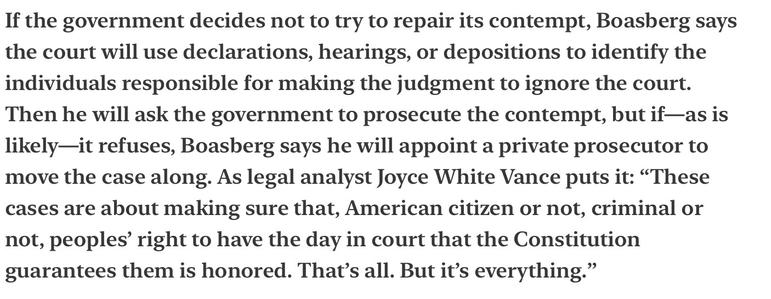 Heather Cox Richardson Contempt 4/16/25
If the government decides not to try to repair its contempt, Boasberg says the court will use declarations, hearings, or depositions to identify the individuals responsible for making the judgment to ignore the court. Then he will ask the government to prosecute the contempt, but if—as is likely—it refuses, Boasberg says he will appoint a private prosecutor to move the case along. As legal analyst Joyce White Vance puts it: “These cases are about making sure that, American citizen or not, criminal or not, peoples’ right to have the day in court that the Constitution guarantees them is honored. That’s all. But it’s everything.”