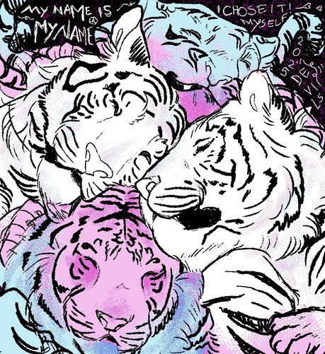 4 tigers sleeping cuddled up together colored with the trans pride flag colors. around them there is text that reads «my name is my name, i chose it myself!».