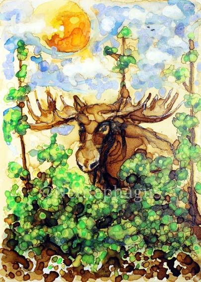 Painting of a moose sneaking in bushes. Made with dropping paint slowly on canvas.