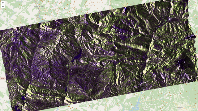 Pseudo color image of the H-Alpha decomposition on a mountaineus area. Entropy, Alpha and intensity are represented by resp color saturation, hue and value.
