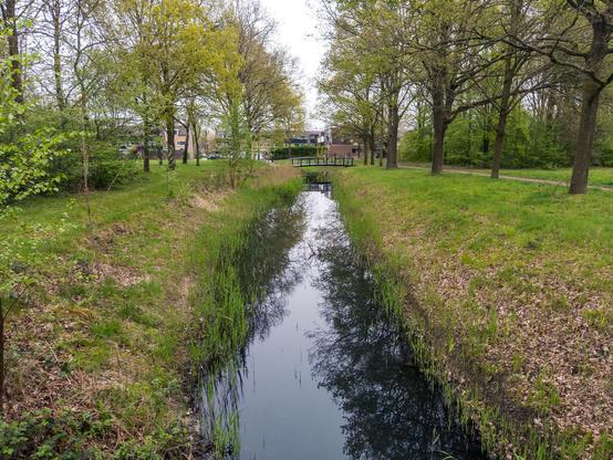 A serene landscape with a canal, trees, and a bridge in Huizen, Netherlands.