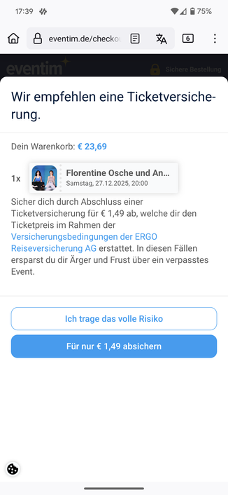 Screenshot Eventim, Pop-up beim Kaufvorgang einer Karte. Eine Zusatzversicherung wird angeboten