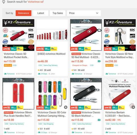Screenshot of Victorinox SD listings on Shopee