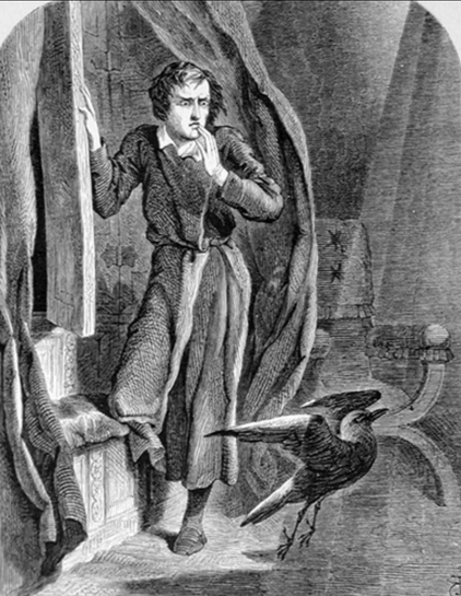 Bücherillustration von John Tenniel "Der Rabe" für Edgar Allen Poe's gleichnamiges Buch.