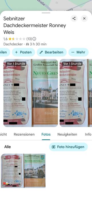 Google Maps Eintrag für Dachdecker Ronney Weis mit volksverhetzender Anzeige