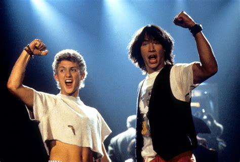 The characters Bill and Ted from the Bill and Ted movies, with their arm raised and fist clenched.