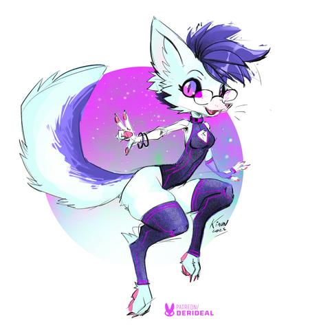 A white furred vixen with black hair, wearing a leotard and thigh highs, both of which are black with thin pink / purple lines running along them to give a cyberpunk-ish look.