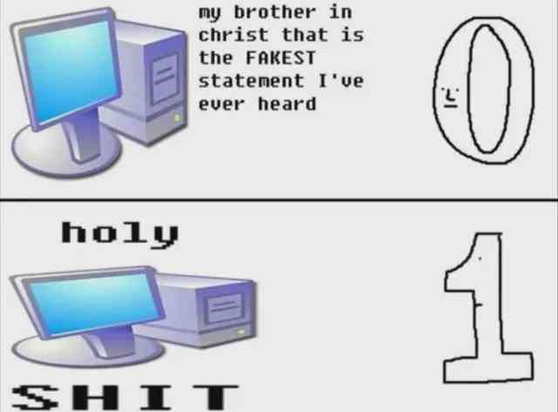 A computer talking to a zero. It says, "My brother in christ that is the fakes statement I've ever heard."

Then the computer sees a one. It says, "Holy shit"