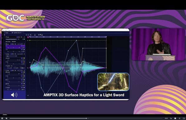 Nicole Lazzaro presenting at GDC 2025 Screenshot of AMPTIX 3D Surface Haptics and Timeline Editor with channels for different texture controls, audio waveform, and vector lines to define different haptic sensations to game controllers. Picture in Picture of a game character holding a light sword from a game. GDC25 Logo March 17-21 2025 San Francisco, CA. Wavy background.