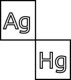 Ausschnitt aus dem Periodensystem. Nur 2 Kästchen: Silber, rechts über Eck darunter Quecksilber.