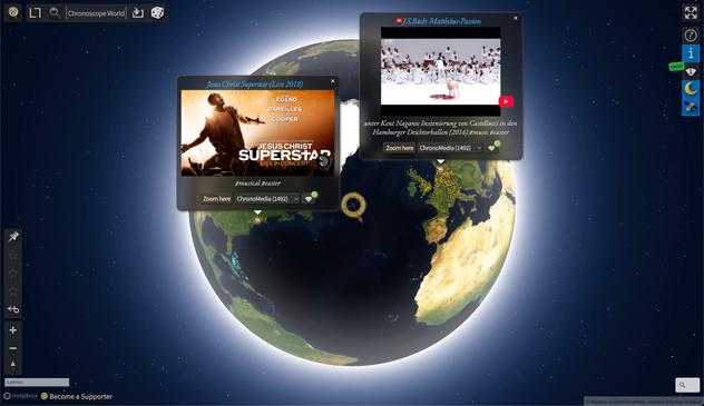 Globus mit 2 Popups zu Jesus Christ Suoerstar und zur Mattäus Passion