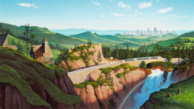 Art of a high speed train passing over a waterfall with a rainbow below and an Ecotpian skyline above.