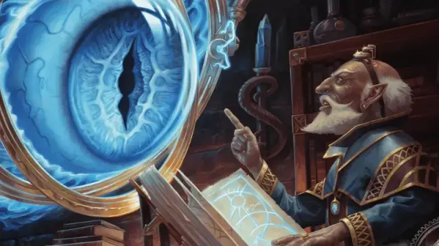 Official D&D artwork, featuring a gnome mage arguing with a giant magic eye in his study.