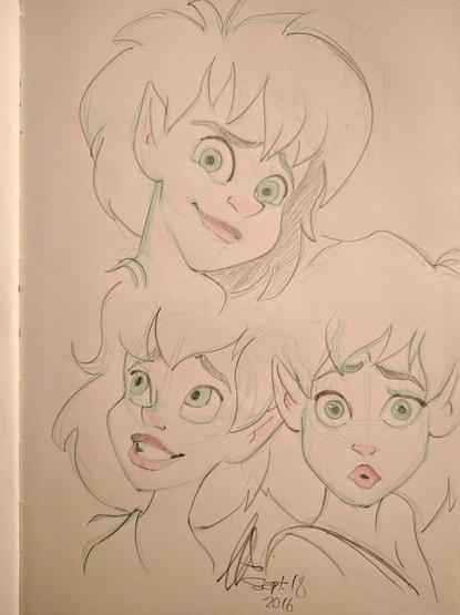 Three sketches of Crysta, from FernGully: The Last Rainforest, a 2D animated film from 1992. She's an elfin girl with shoulder-length fluffy hair, pointed ears, and big green eyes. At the top is Crysta with an amused expression; on the left, a happy one; on the right, a confused one. The sketches were done in coloured and mechanical pencil, on sketchbook paper.