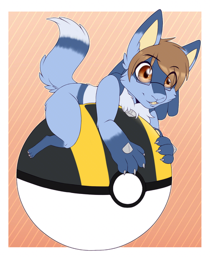 A chibi anthro blue fox/Lucario laying on top of an Ultra Ball.