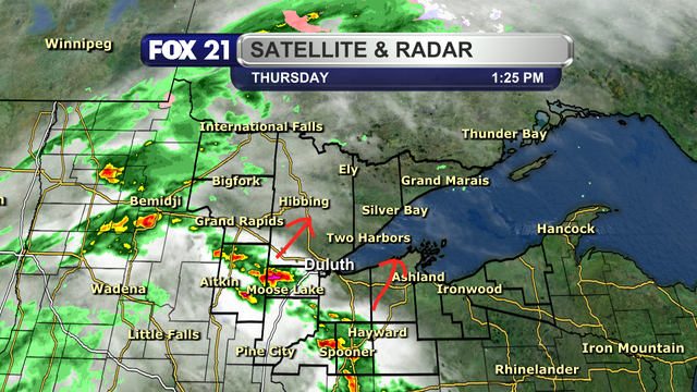 The satellite and radar over the Northland at 1:25 p.m. on Thursday, April 17, 2025, shows a line of showers and thunderstorms over the I-35 corridor and the western half of northwest Wisconsin, moving to the northeast.  Cloud cover is increasing over the region, with clear skies still being observed over the Arrowhead and Upper Peninsula regions.