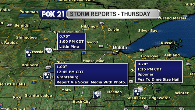Hail reports coming in from the line of showers and thunderstorms pushing through the Northland during the early afternoon hours of April 17, 2025, shows their size ranging from 0.50" to 1" in diameter.  The reports are coming in from the I-35 corridor and northwest Wisconsin.