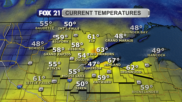 Temperatures in the Northland just after 1 p.m. on April 17, 2025, range from 47 to 67 degrees Fahrenheit.  Most temperatures are in the upper half of the 50s and 60s.