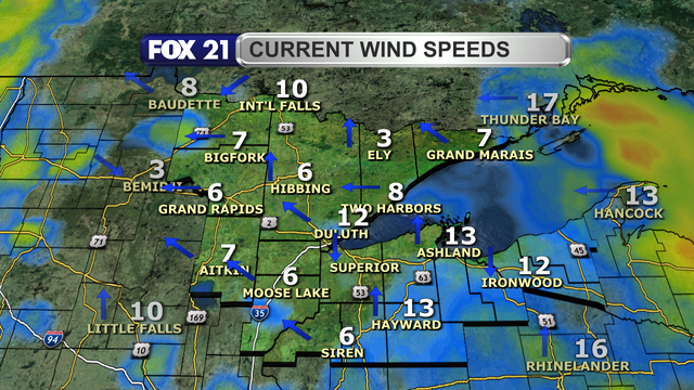 Wind speeds in the Northland just after 1 p.m. on April 17, 2025, range from 3 to 13 mph.  Wind direction is primarily from the south and southeast.