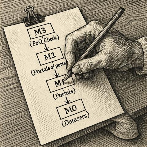 Eine Zeichnung, die vier Meta-Ebenen zeigt. 

M0 = Dataset
M1 = Portal
M2 = Portals of Portals
M3 = Directory of these

Made with <3 and system prompt by me & Dall-E v3