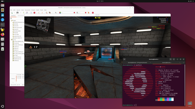 A screenshot of the game Xonotic running with a Terminal open showing sysinfo of the running system.