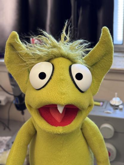 Front view of a green goblin hand puppet with large eyes and a single tooth