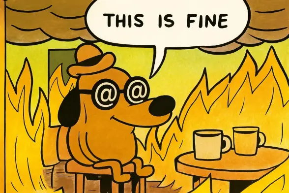 The "This is fine" meme with a variation where the glasses are two @ symbols.
