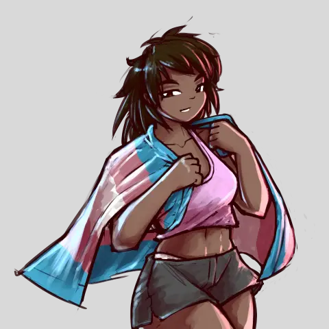 A sketchy digital illustration of a woman holding a trans pride flag over her shoulders.