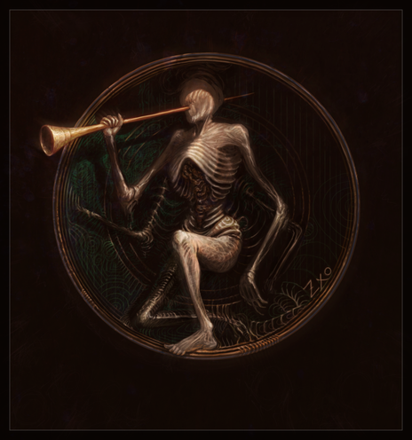 A humanoid, skeleton creature without eyes who toots a horn, though the horn goes straight through their head.