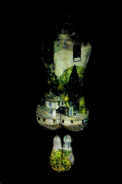projection of a painting by gustav klimt on a nude female body